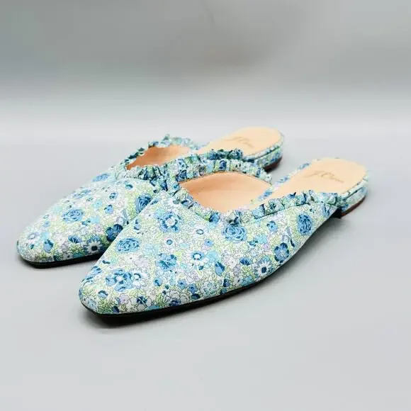 J Crew Shoes Women 8 Blue Green Floral Ruffle Trim Mule Flat Pointed Toe Slip On - Picture 4 of 12